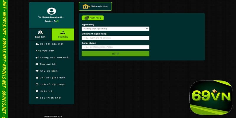 Rút tiền 69vn qua phương thức tài khoản ngân hàng